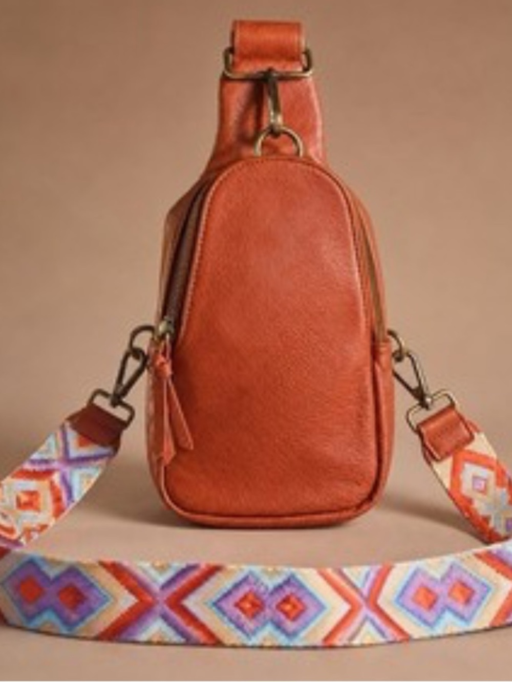 Anthrpologie Liberty Crossbody Sling Bag in Rust with Patterned Strap